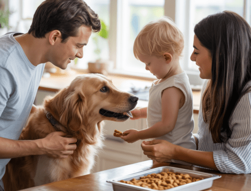 Kind füttert den Hund mit abgezählter Tagesportion an Snacks unter Aufsicht.