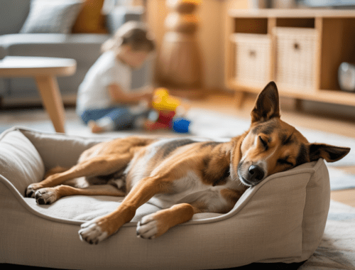 entspannter hund schläft seitlich auf einem ruhigen schlafplatz im wohnzimmer