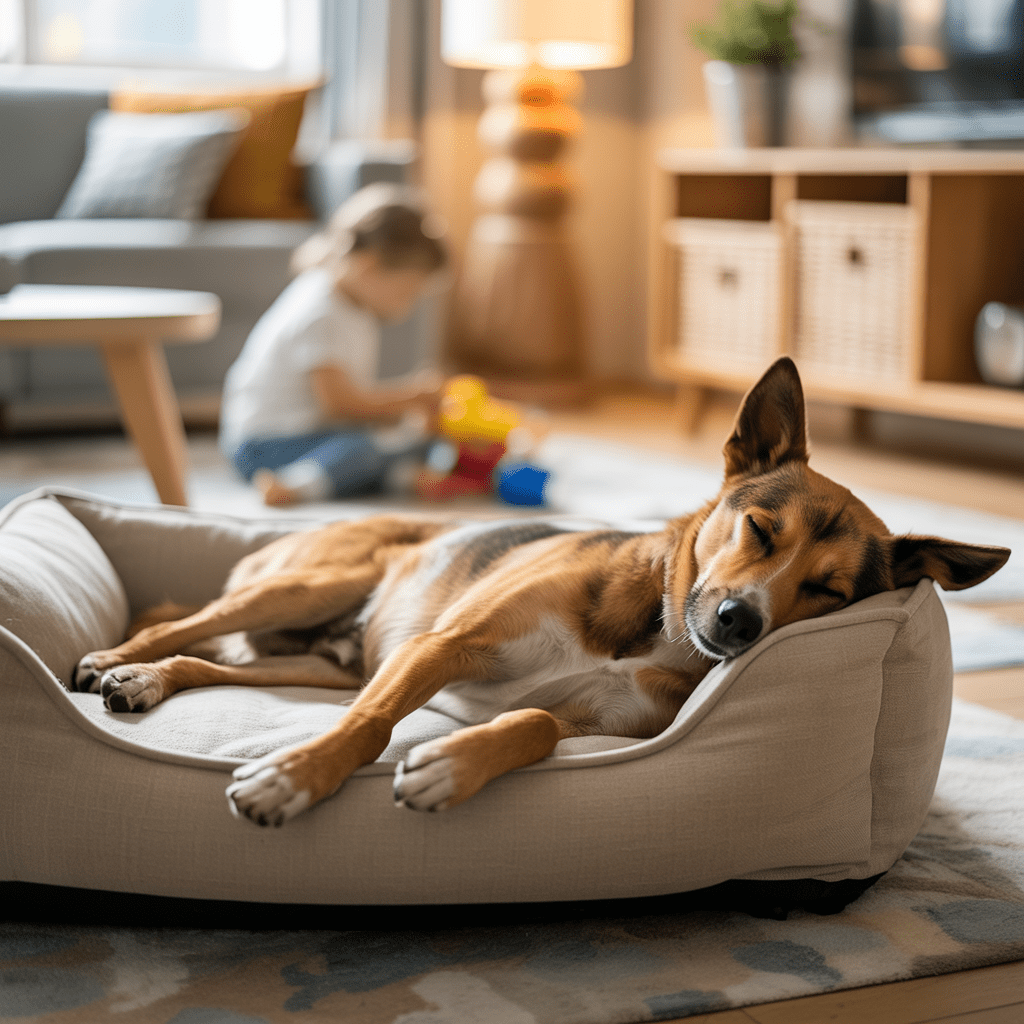 entspannter hund schläft seitlich auf einem ruhigen schlafplatz im wohnzimmer