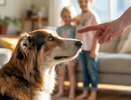 Hund beobachtet Handzeichen und wartet auf Signal