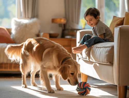 Hund versteckt Spielzeug unter dem Sofa im Wohnzimmer