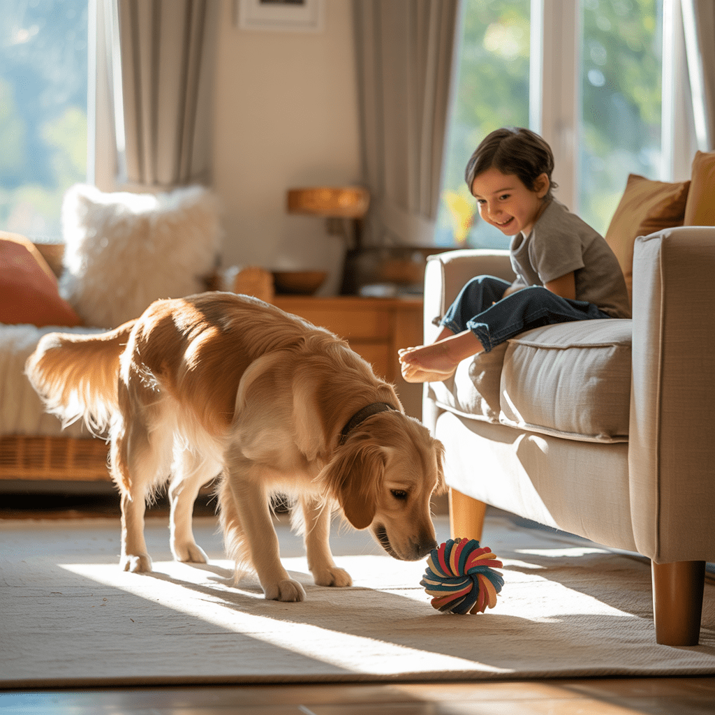Hund versteckt Spielzeug unter dem Sofa im Wohnzimmer