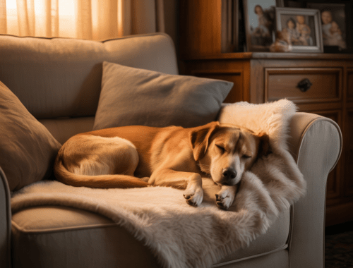 Hund schläft eingerollt auf weicher Decke im Wohnzimmer