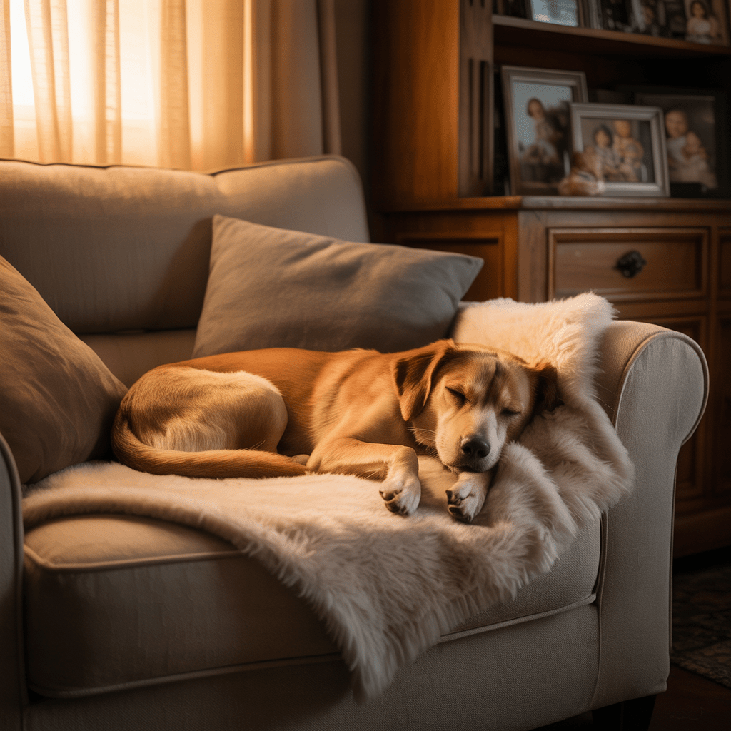 Hund schläft eingerollt auf weicher Decke im Wohnzimmer