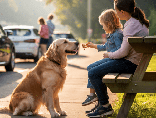 Hund bekommt kleine Snacks auf einer Reisepause