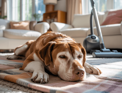 Hund entspannt auf Decke, Staubsauger steht ausgeschaltet im Raum