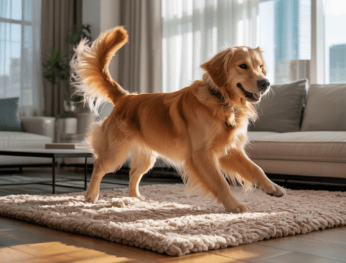 Hund kreiselt vor dem Hinlegen auf einer weichen Decke