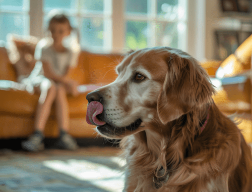 Hund leckt sich über die Nase und schaut weg – typisches Stresssignal im Alltag