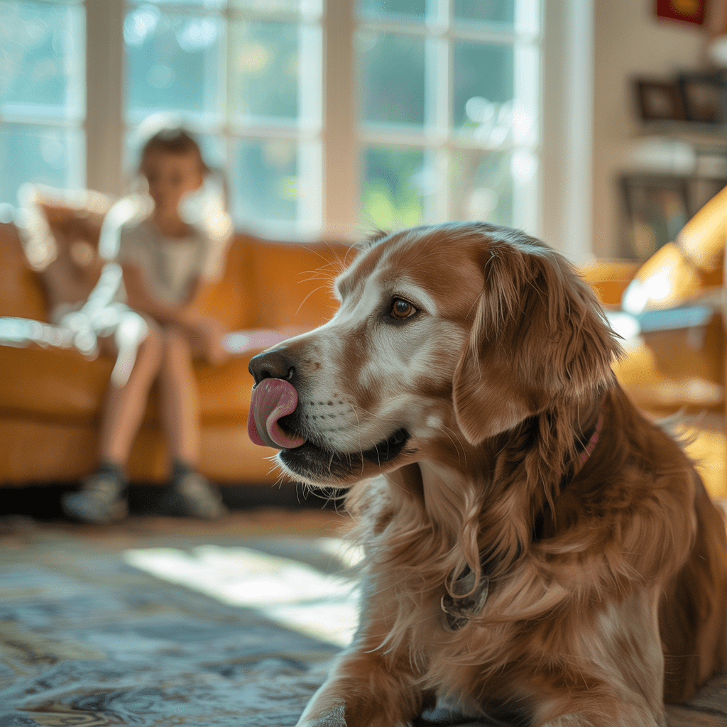 Hund leckt sich über die Nase und schaut weg – typisches Stresssignal im Alltag