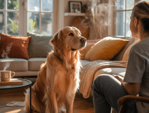 hund beobachtet sein herrchen aufmerksam im wohnzimmer