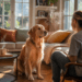 hund beobachtet sein herrchen aufmerksam im wohnzimmer