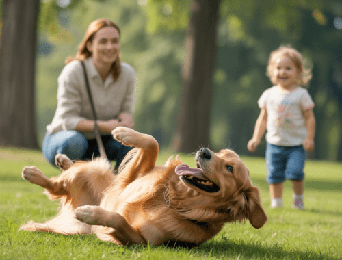 Hund wälzt sich im gras und wirkt entspannt