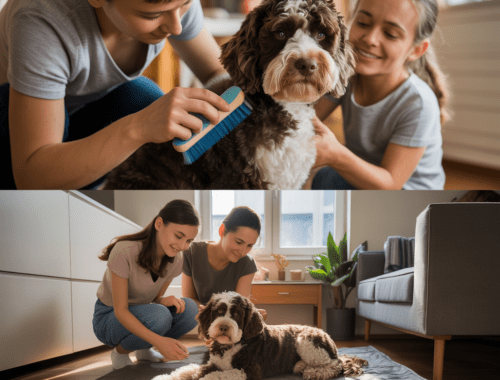 Kind streichelt lockigen Hund, Eltern achten auf Hygiene