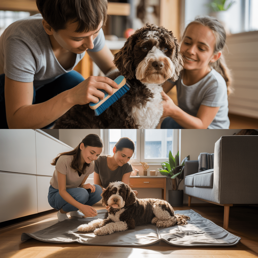 Kind streichelt lockigen Hund, Eltern achten auf Hygiene
