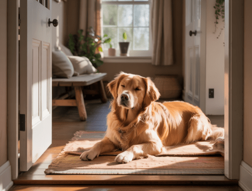 hund wartet ruhig auf seiner decke neben der haustür