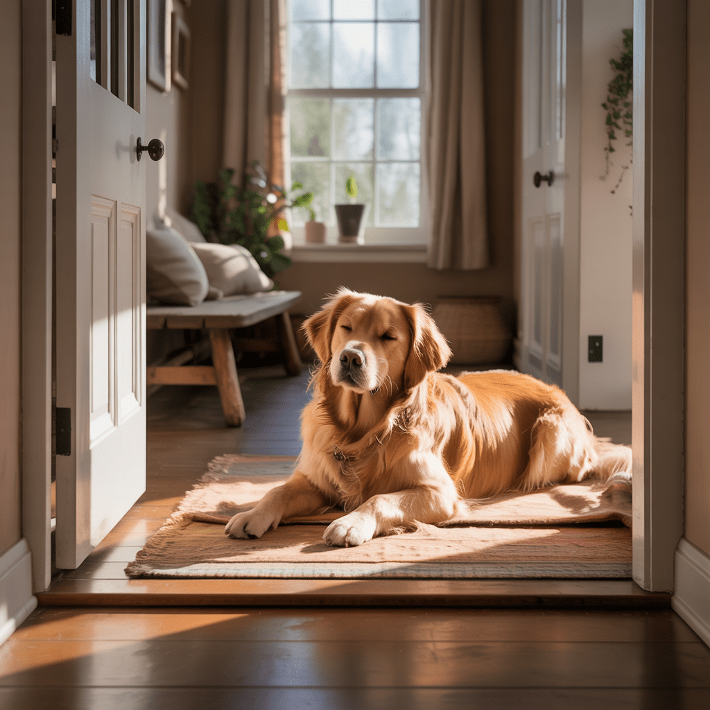 hund wartet ruhig auf seiner decke neben der haustür