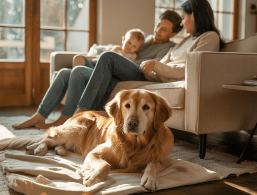 familie mit kind und hund entspannt auf dem sofa, hund zeigt ruhige körpersprache