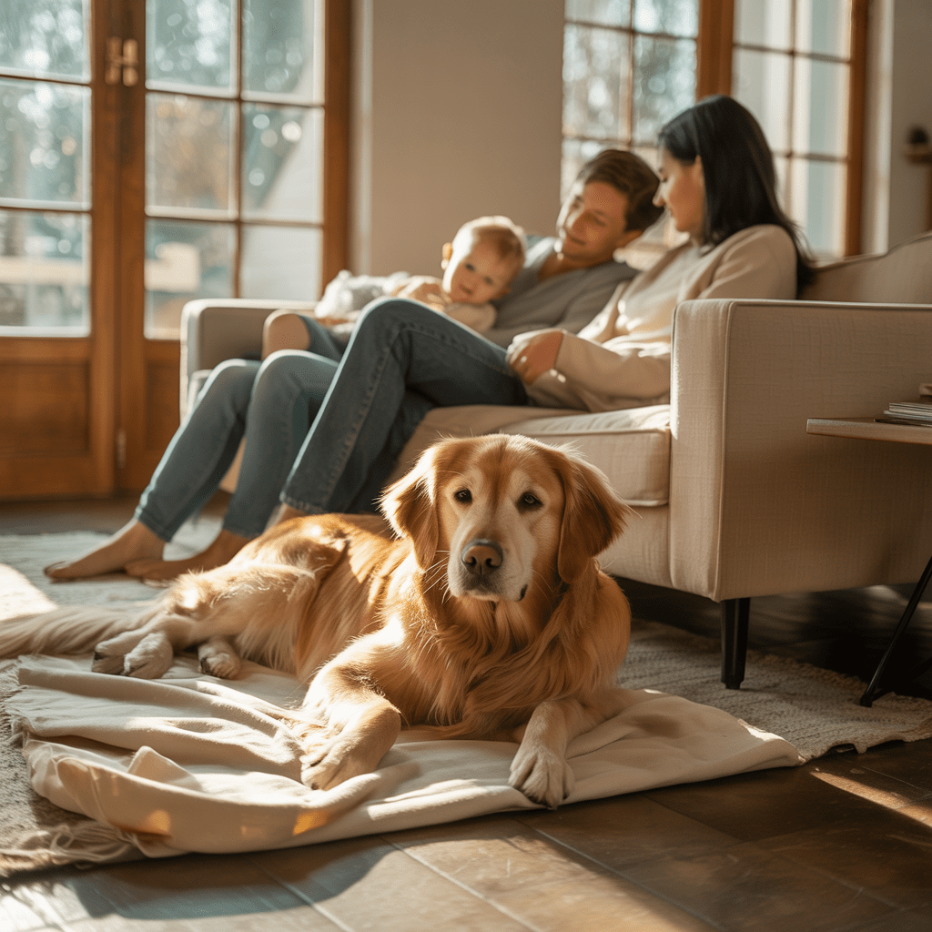 familie mit kind und hund entspannt auf dem sofa, hund zeigt ruhige körpersprache