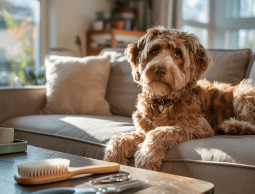 Familienhund mit lockigem Fell auf Sofa, dezente Fellpflegeutensilien im Vordergrund,