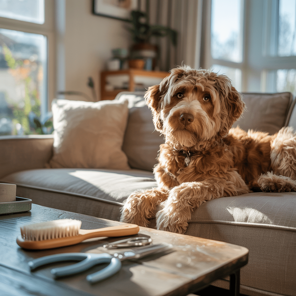 Familienhund mit lockigem Fell auf Sofa, dezente Fellpflegeutensilien im Vordergrund,