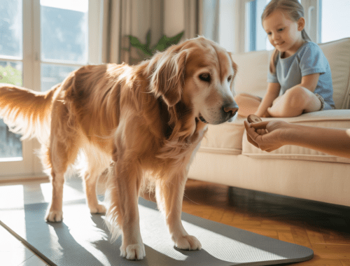 älterer hund macht sanfte dehnübung mit leckerli