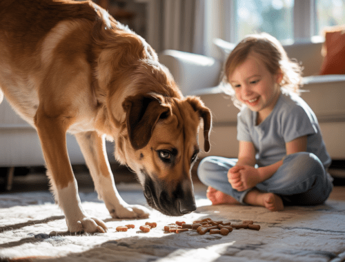 ruhige spielzeit, hund sucht leckerlis auf einem teppich, kind sitzt daneben und beobachtet