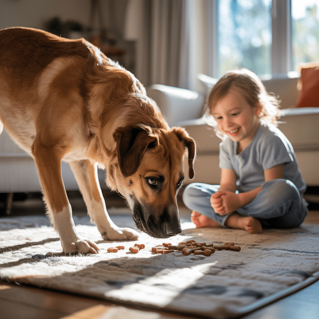 ruhige spielzeit, hund sucht leckerlis auf einem teppich, kind sitzt daneben und beobachtet