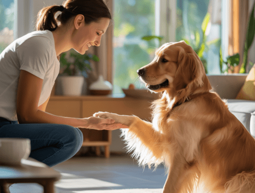 hund baut vertrauen auf mit handtouch training im wohnzimmer