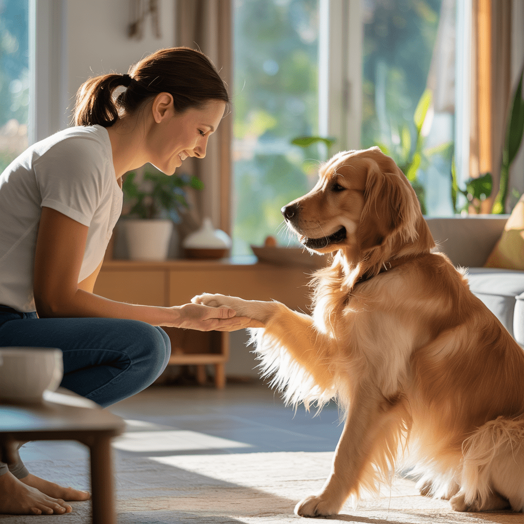 hund baut vertrauen auf mit handtouch training im wohnzimmer