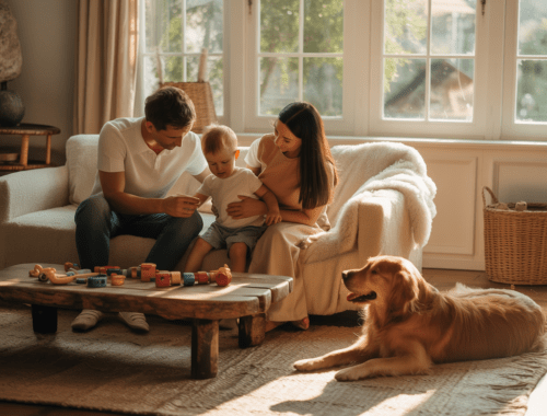 familie entspannt mit hund im wohnzimmer