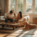 familie entspannt mit hund im wohnzimmer
