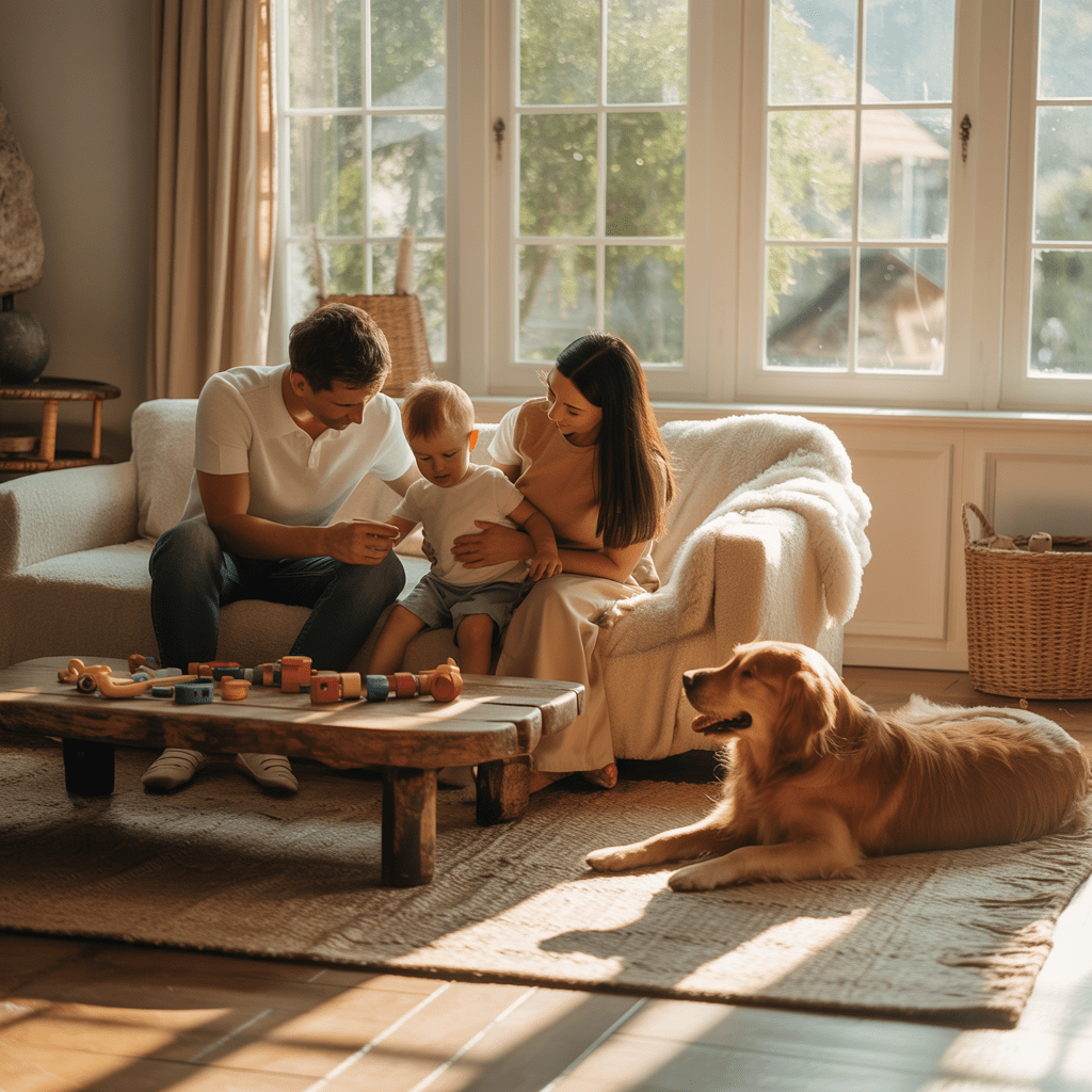 familie entspannt mit hund im wohnzimmer
